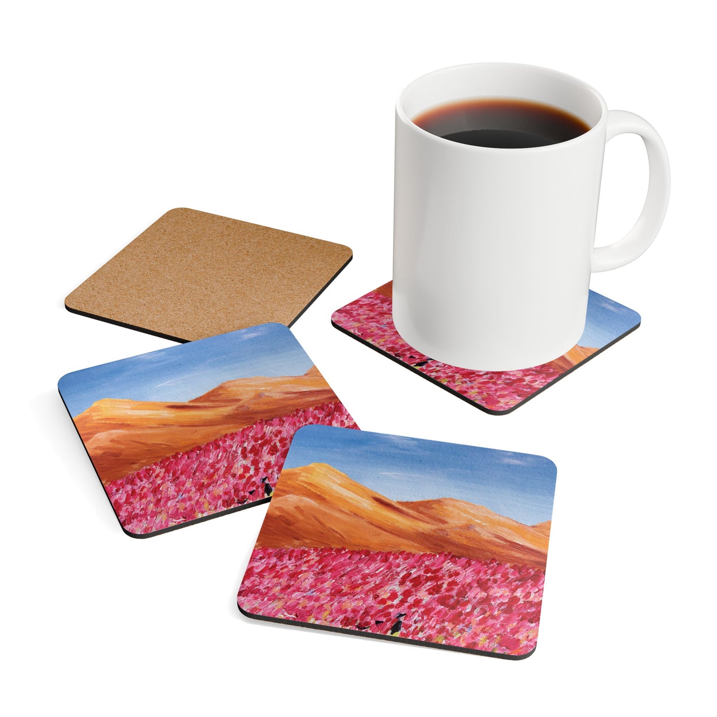 Corkwood Coaster Set - Pink Garden - 4-piece set